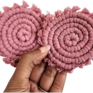 Cotton Car Coasters for Cup Holders, 2PC Car Cup Coasters, Drink Coaster Holder, Cute cupholder Coaster Accessories for Women, Macrame, Boho(Champagne Pink)