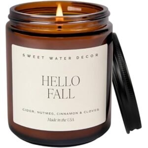 Sweet Water Decor Hello Fall Soy Candles - Fall Candle with Hot Cider, Cinnamon, Cloves, and Nutmeg Scent for Home - Soy Candle with 40 Hours Burn Time - 9Oz Black Lid Amber Jar Candles Fall Scents