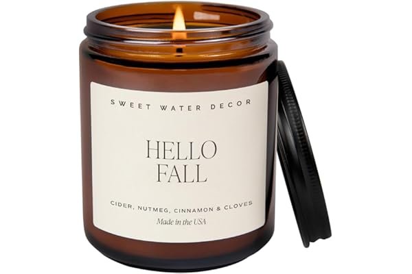 Sweet Water Decor Hello Fall Soy Candles - Fall Candle with Hot Cider, Cinnamon, Cloves, and Nutmeg Scent for Home - Soy Candle with 40 Hours Burn Time - 9Oz Black Lid Amber Jar Candles Fall Scents